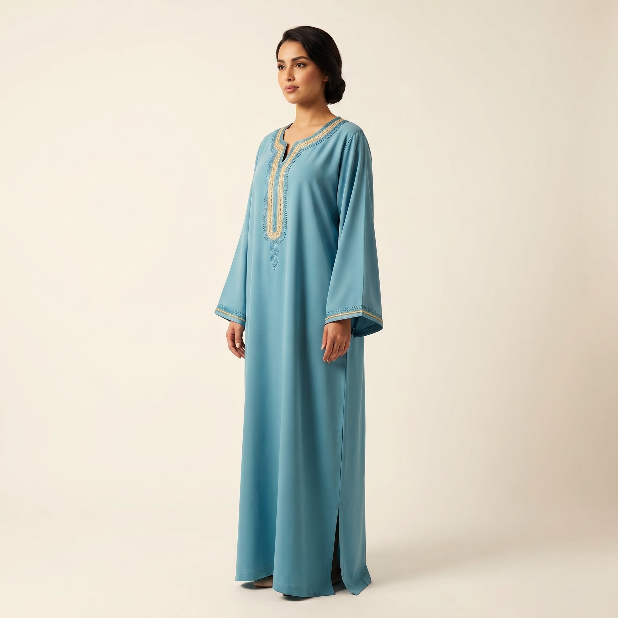 Women's Moroccan teal Korean crepe caftan XS-S / Bleu canard