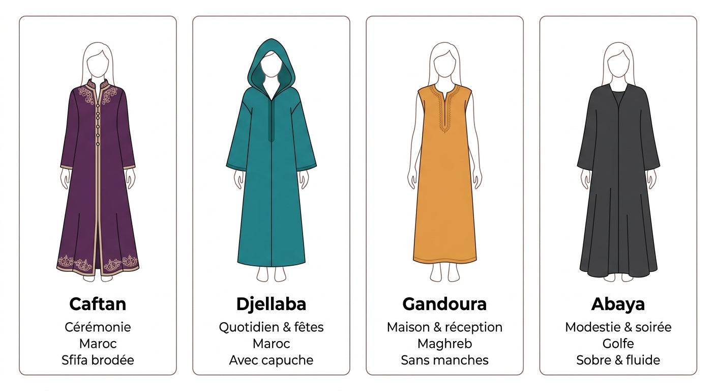 comparatif caftan djellaba gandoura abaya différences occasions