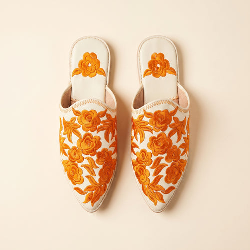 Babouche Ivoire Brodée Fleurs Orange