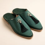 Babouche verte bouteille pompon strass