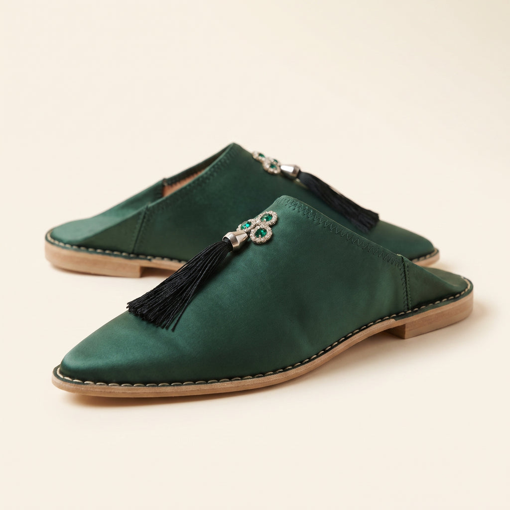 Babouche verte bouteille pompon strass