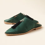Babouche verte bouteille pompon strass