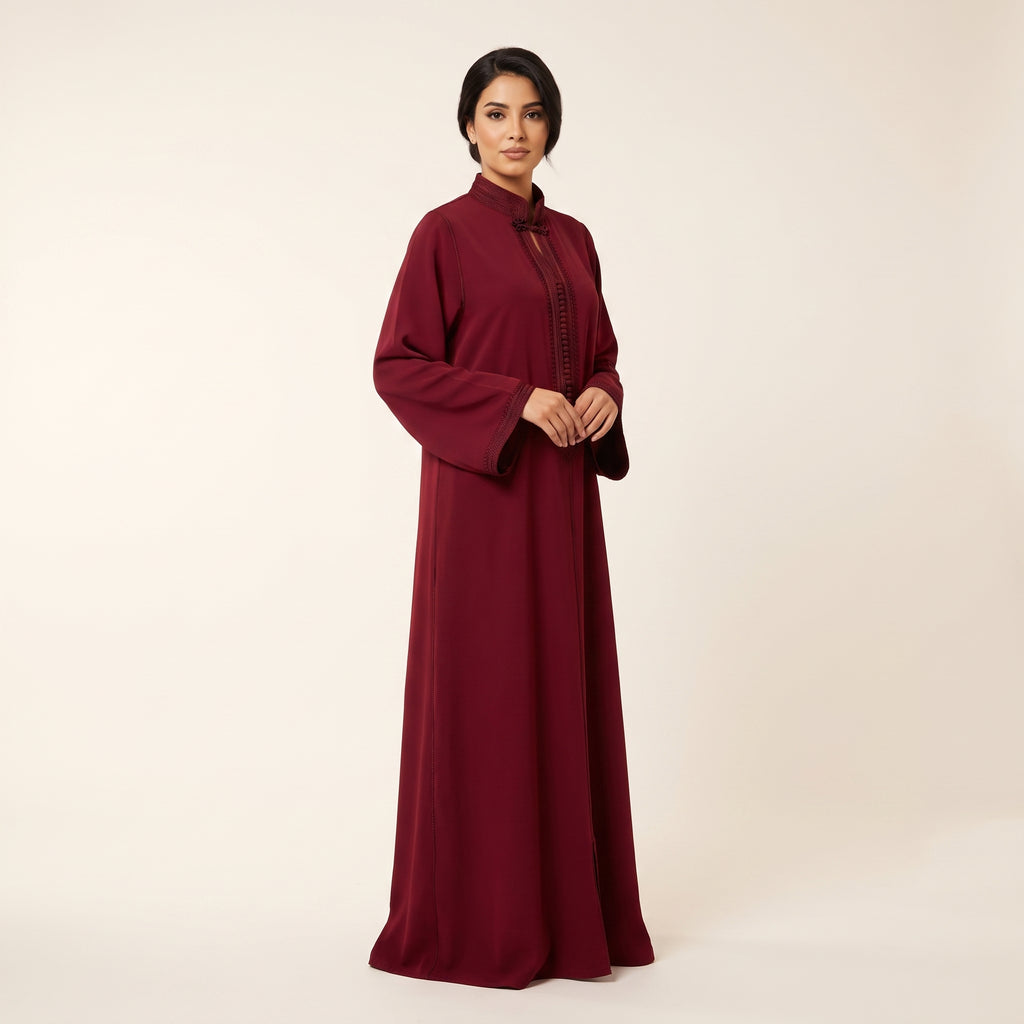 Caftan bordeaux col mandarin nœud tressé