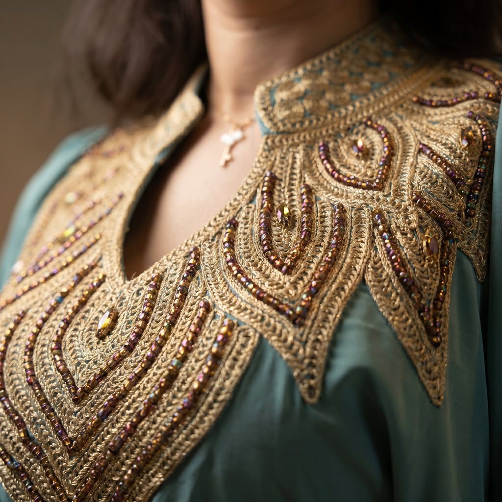 Gandoura farasha turquoise broderies dorées tarz maalem