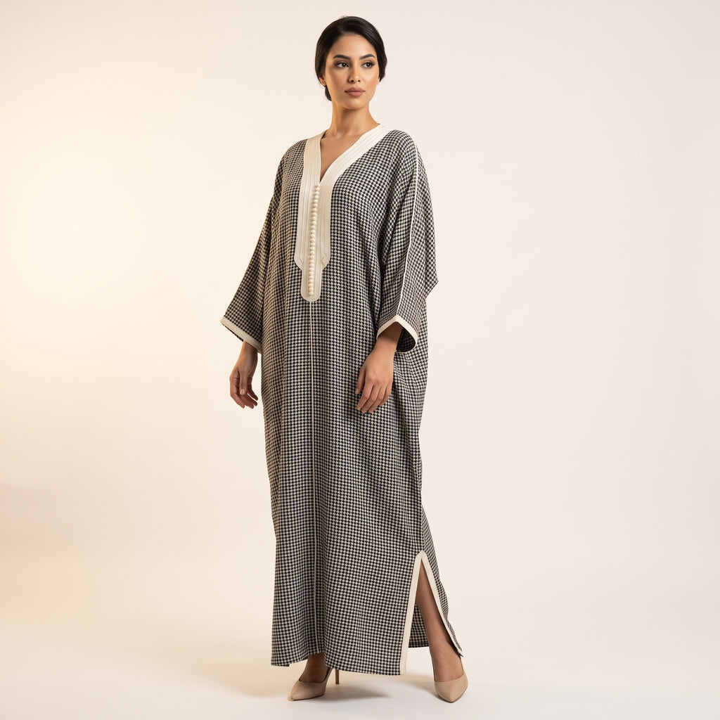 Caftan pied-de-poule noir sfifa ivoire