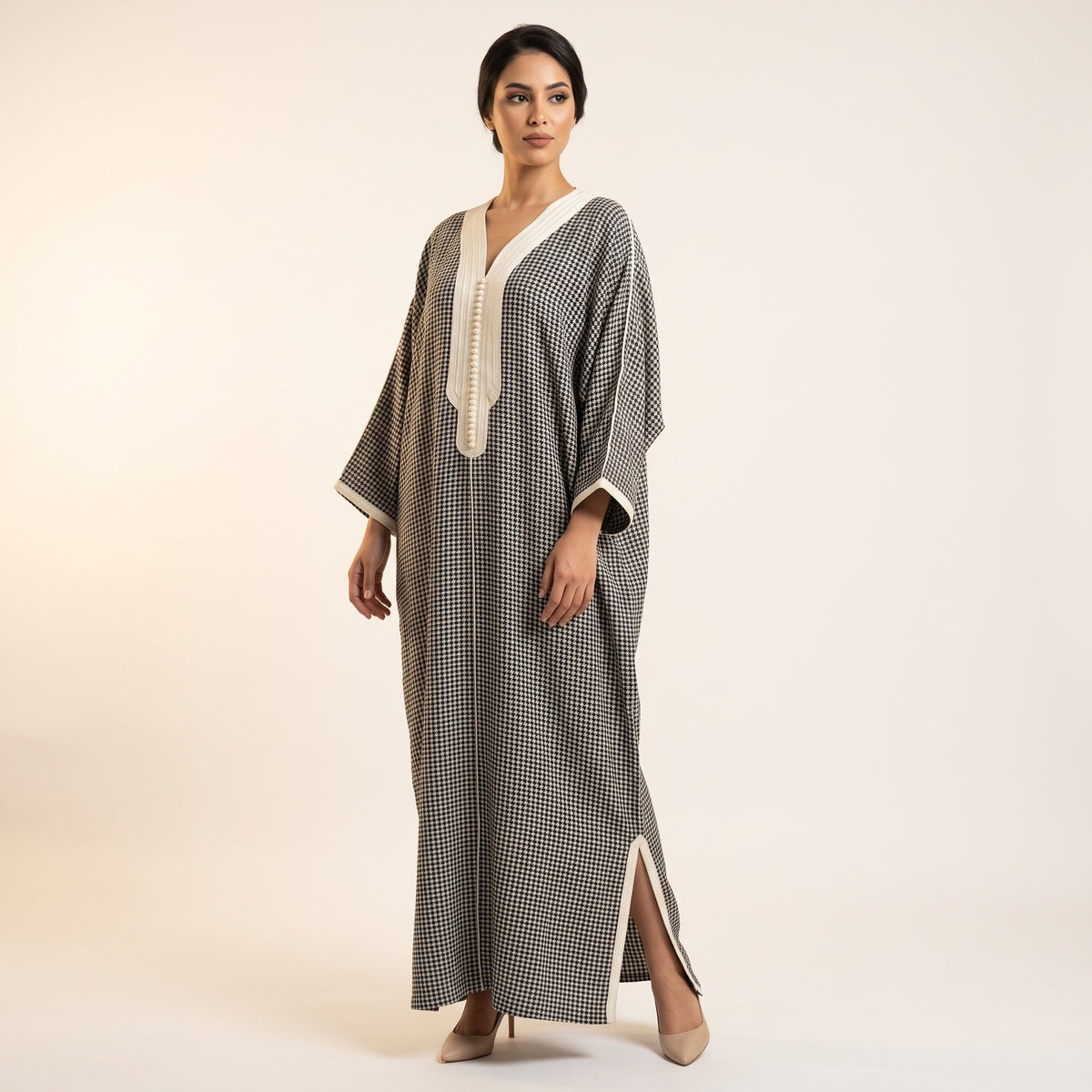 Caftan pied-de-poule noir sfifa ivoire