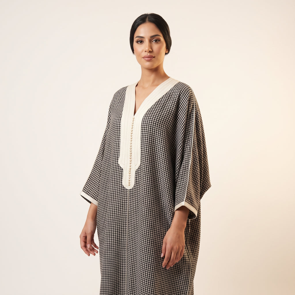 Caftan pied-de-poule noir sfifa ivoire