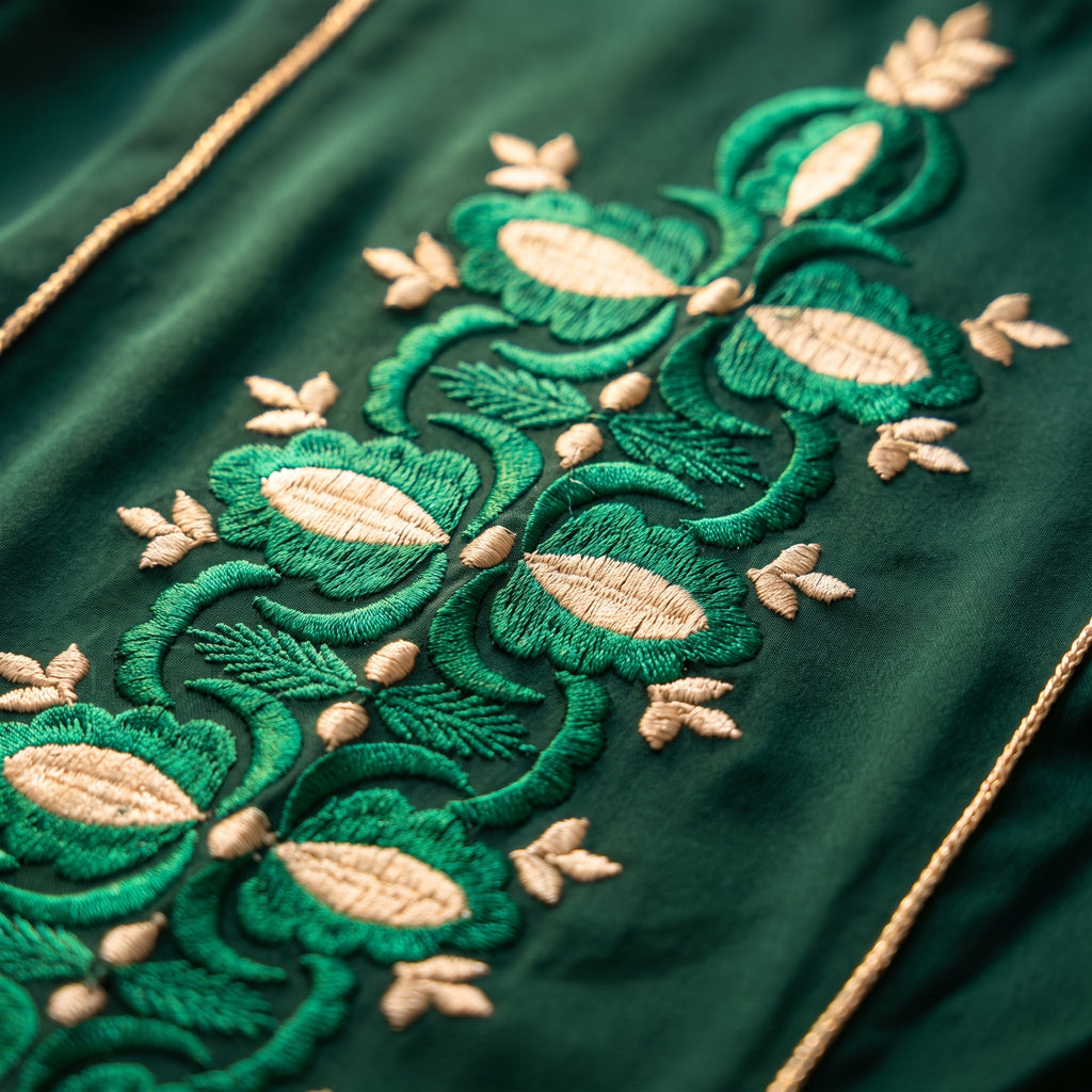 Caftan vert émeraude brodé fleurs ivoire
