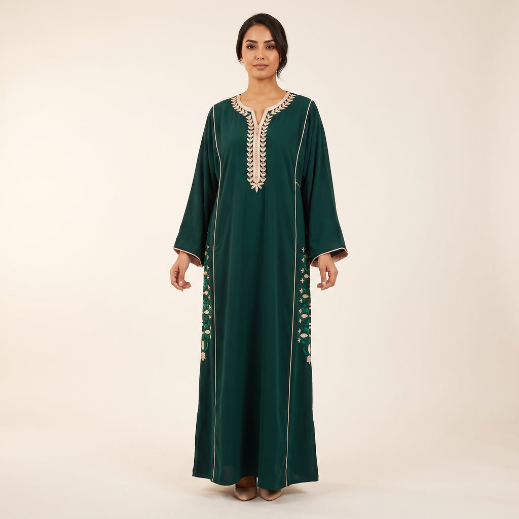 Caftan vert émeraude brodé fleurs ivoire