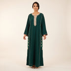 Caftan vert émeraude brodé fleurs ivoire