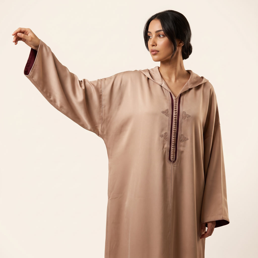 Djellaba taupe capuche doublure bordeaux