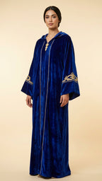 Djellaba velours bleu roi broderies dorées capuche femme taille unique Sultana Rouge
