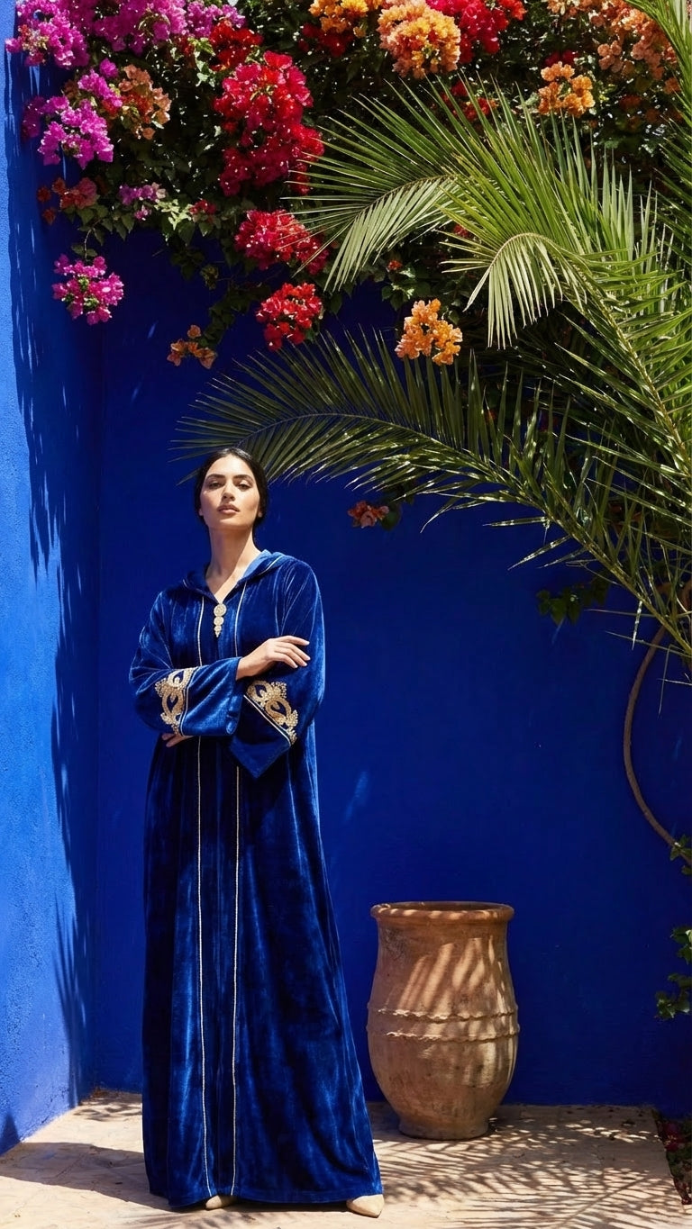 Broderies orientales dorées manches évasées djellaba velours bleu Sultana Rouge