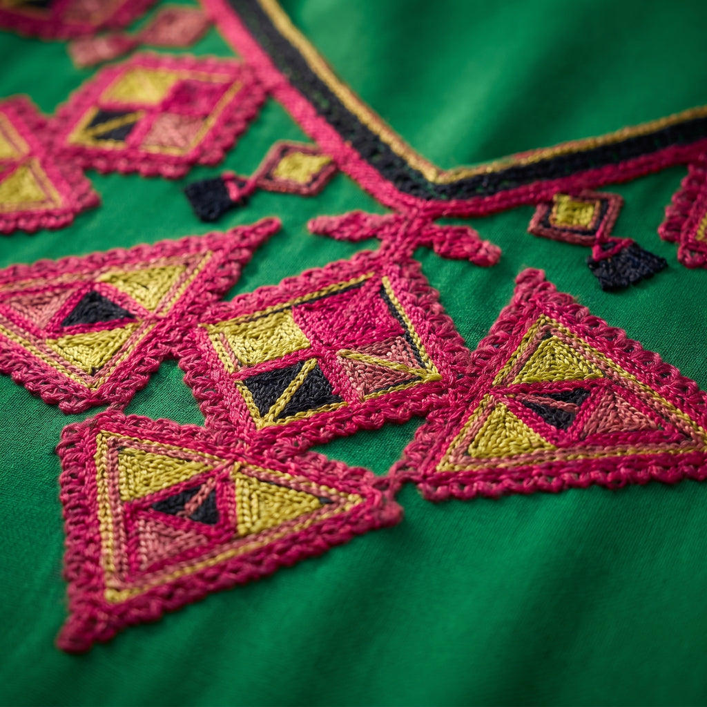 Gandoura verte broderies berbères fuschia
