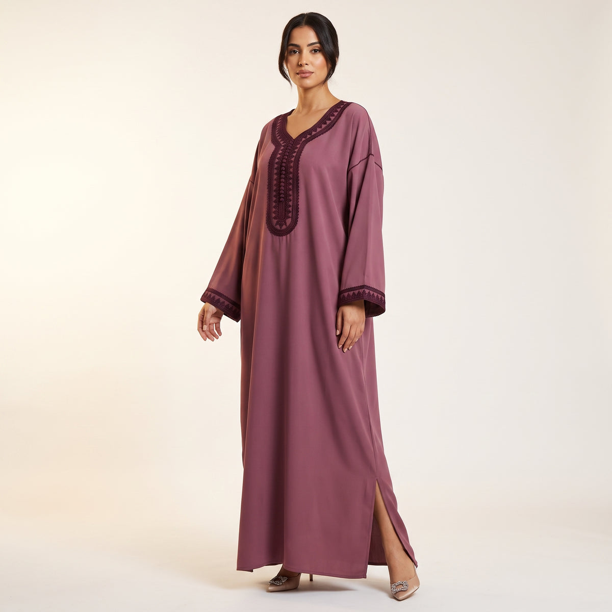 Gandoura brodée prune crêpe rosa