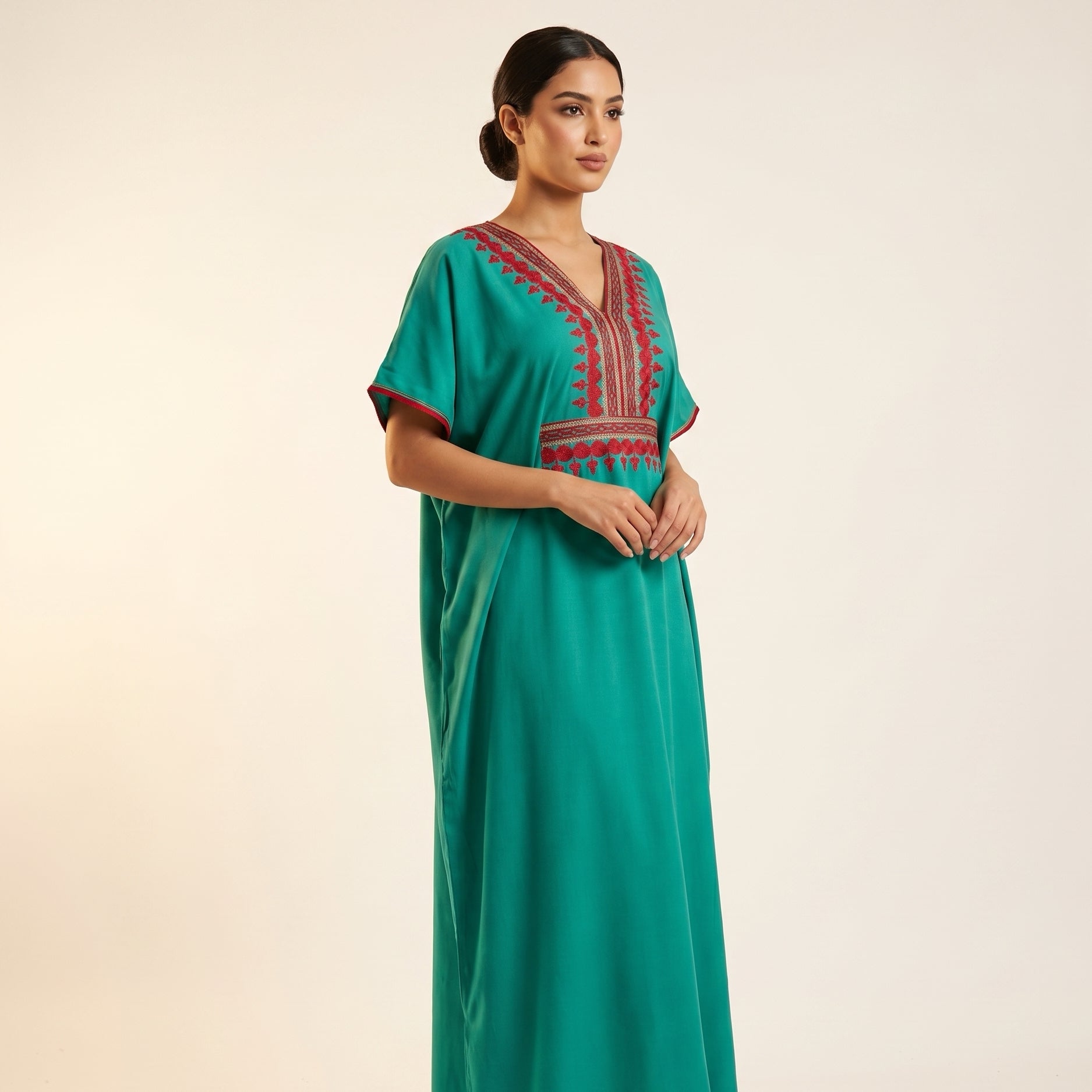 Gandoura farasha bleu canard broderies rouges