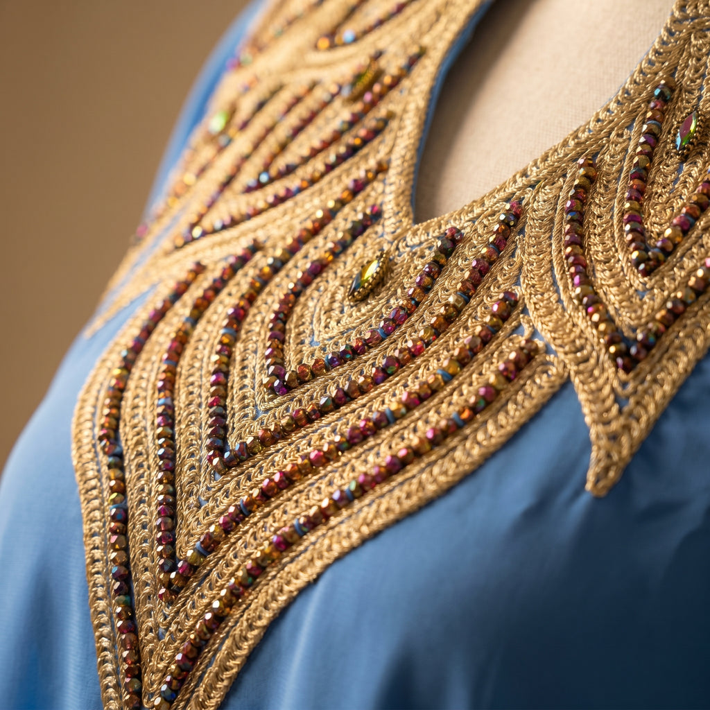 Gandoura farasha bleu azur broderies dorées