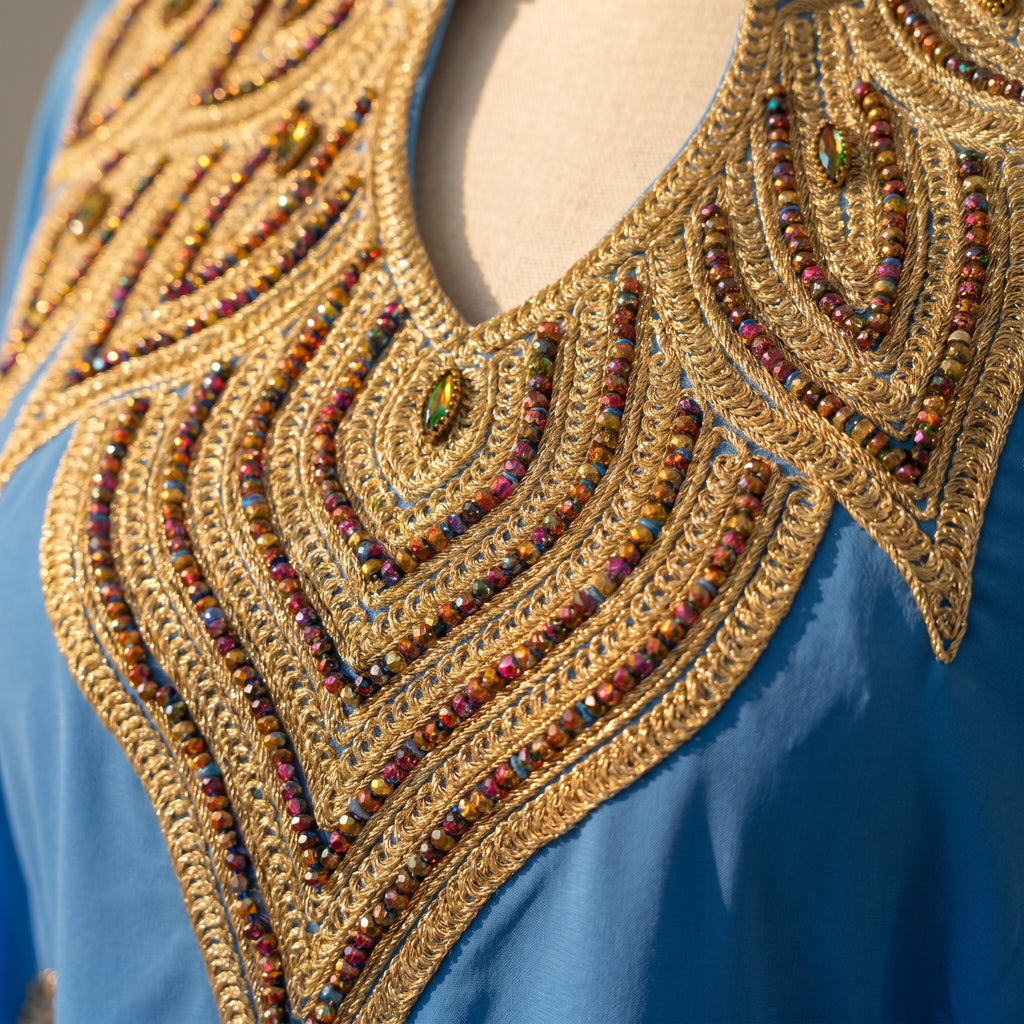 Gandoura farasha bleu azur broderies dorées