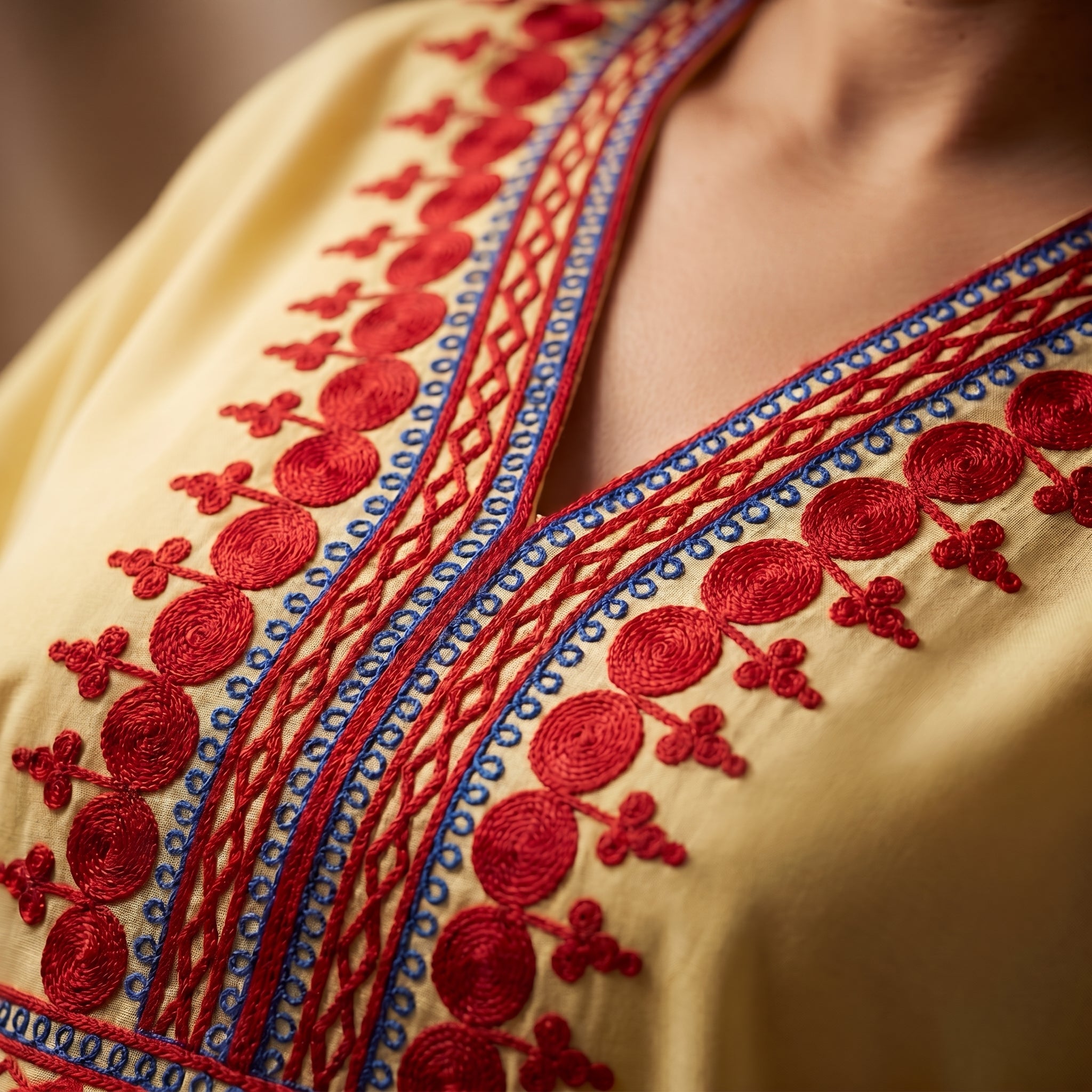 Gandoura farasha jaune banani broderies rouges