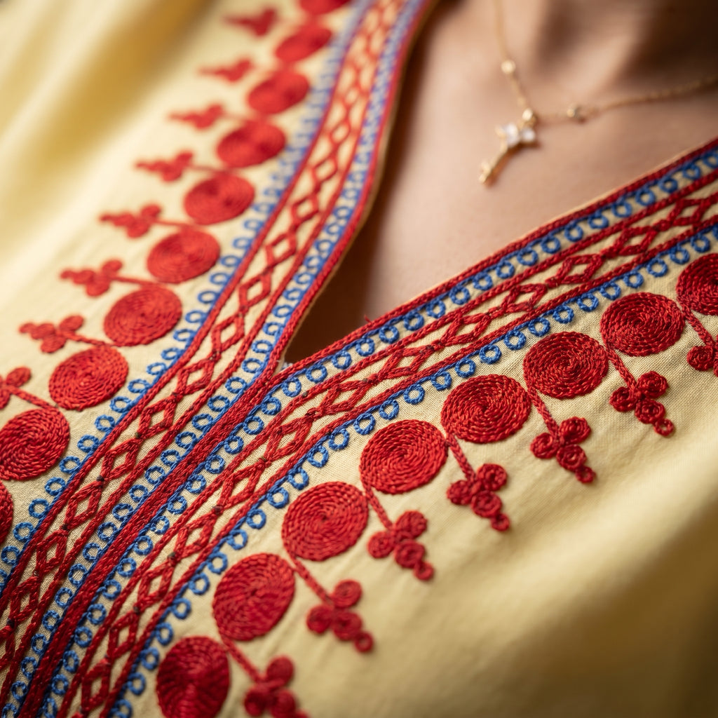 Gandoura farasha jaune banani broderies rouges