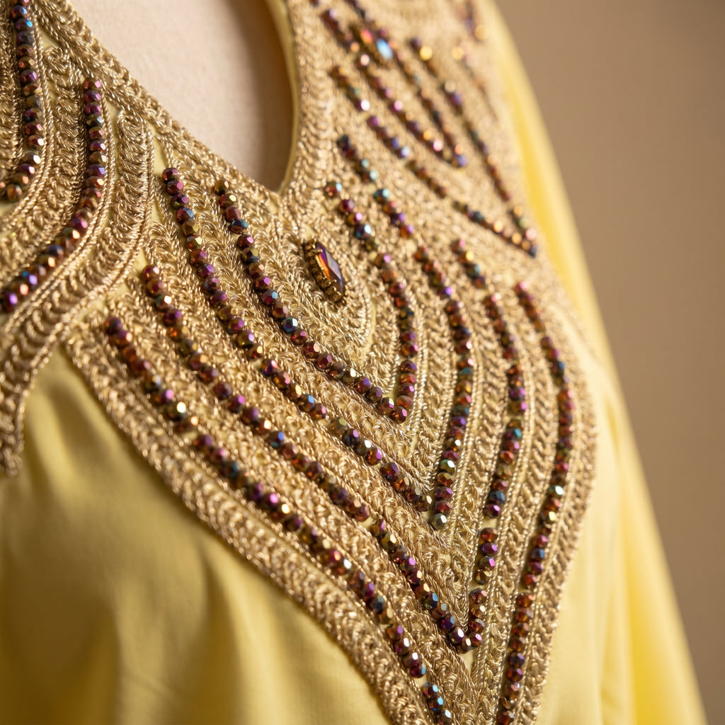 Gandoura farasha jaune citron broderies dorées