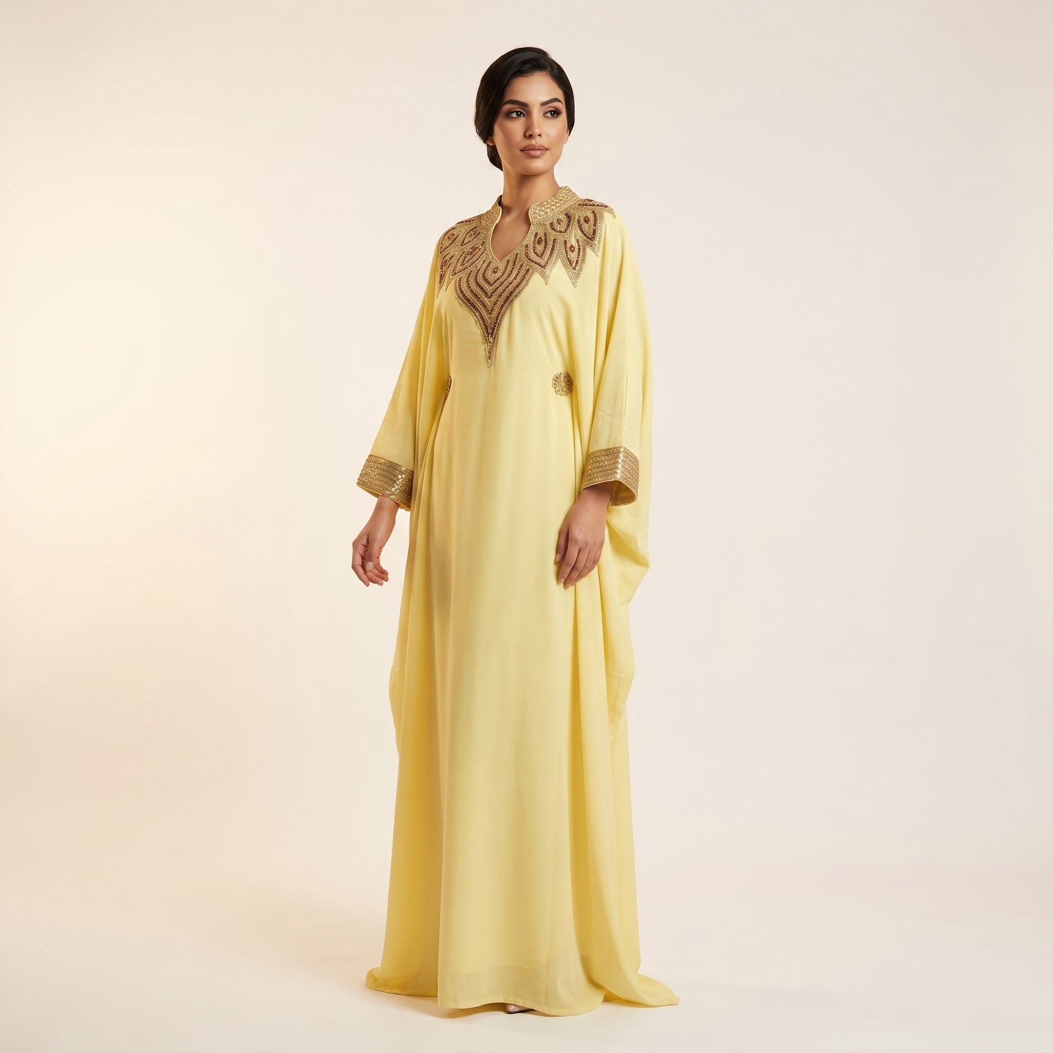 Gandoura farasha jaune citron broderies dorées
