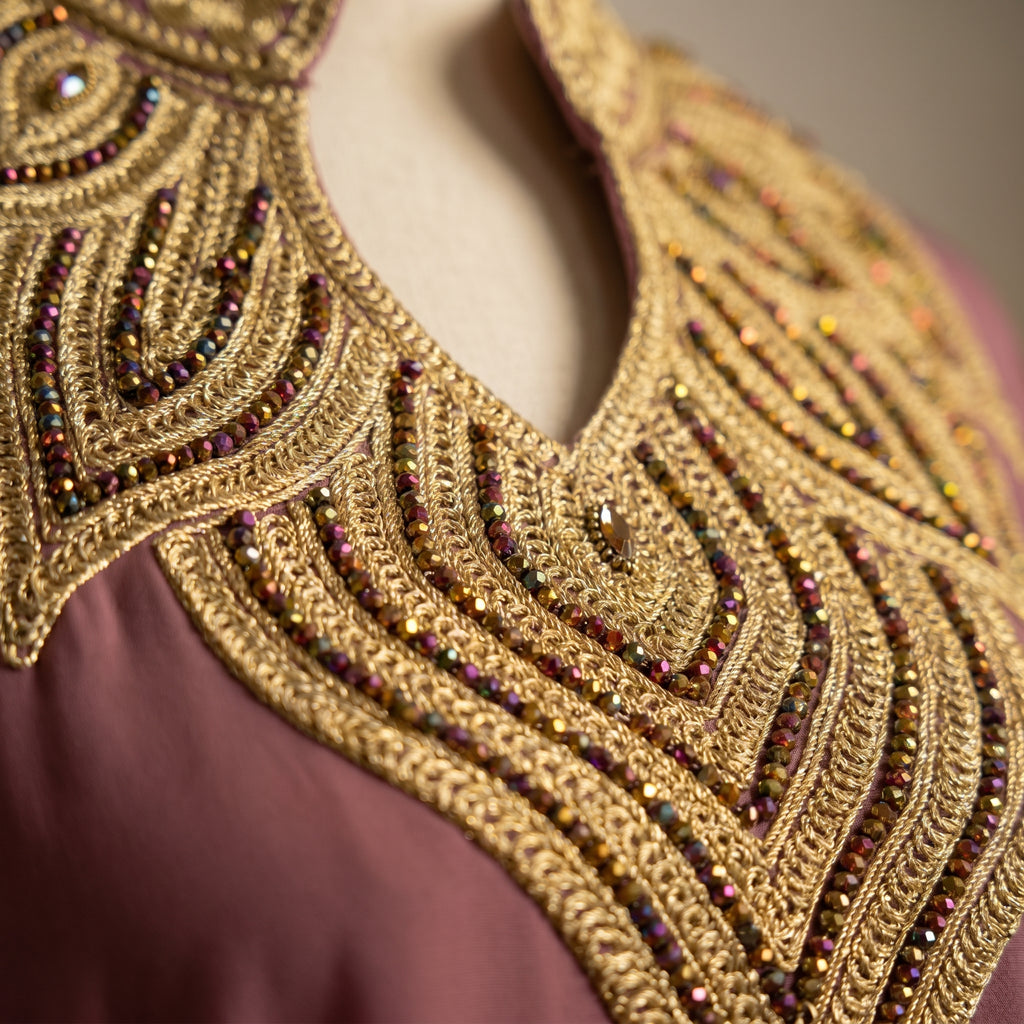 Gandoura farasha mauve broderies dorées