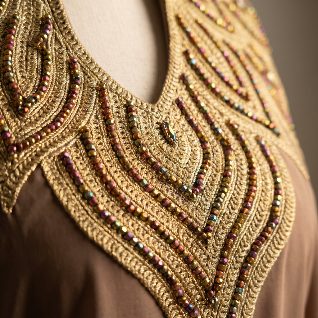 Gandoura farasha taupe broderies dorées