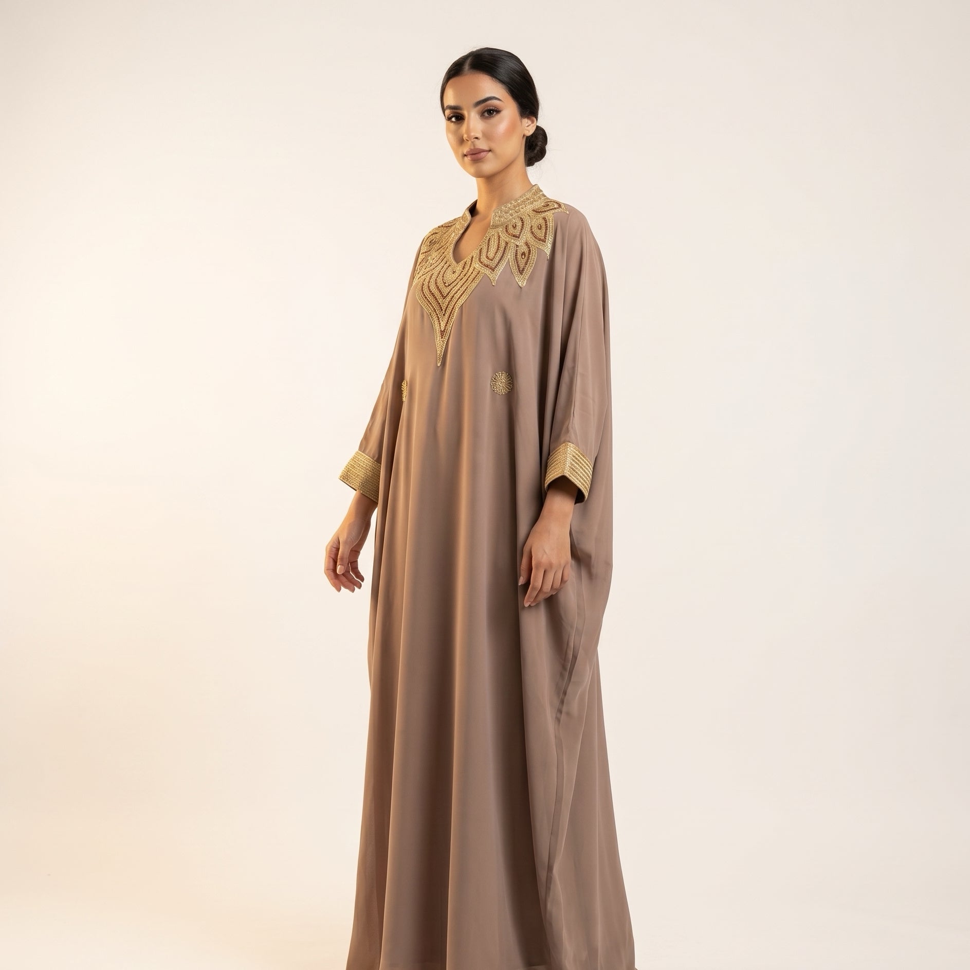 Gandoura farasha taupe broderies dorées