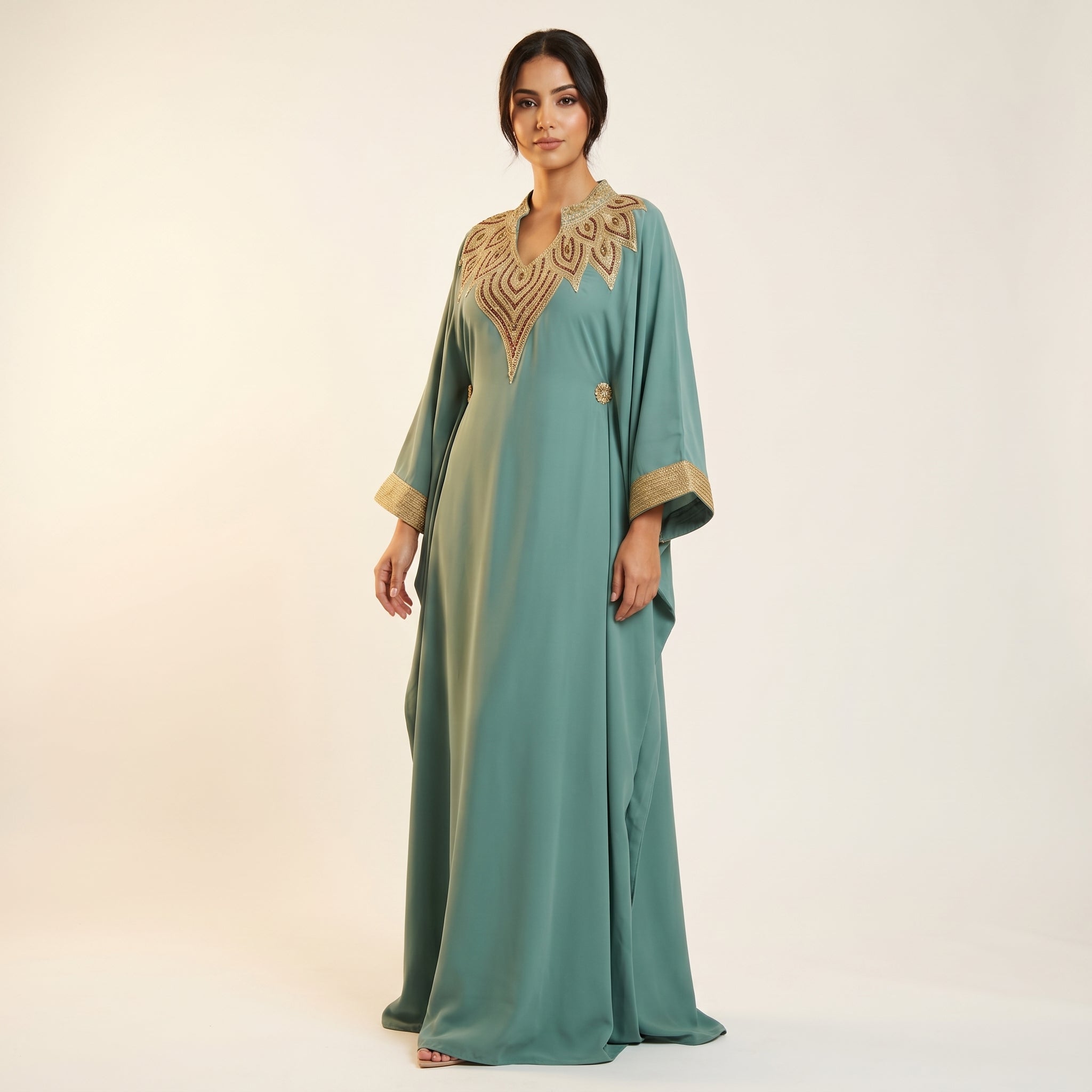 Gandoura farasha turquoise broderies dorées tarz maalem