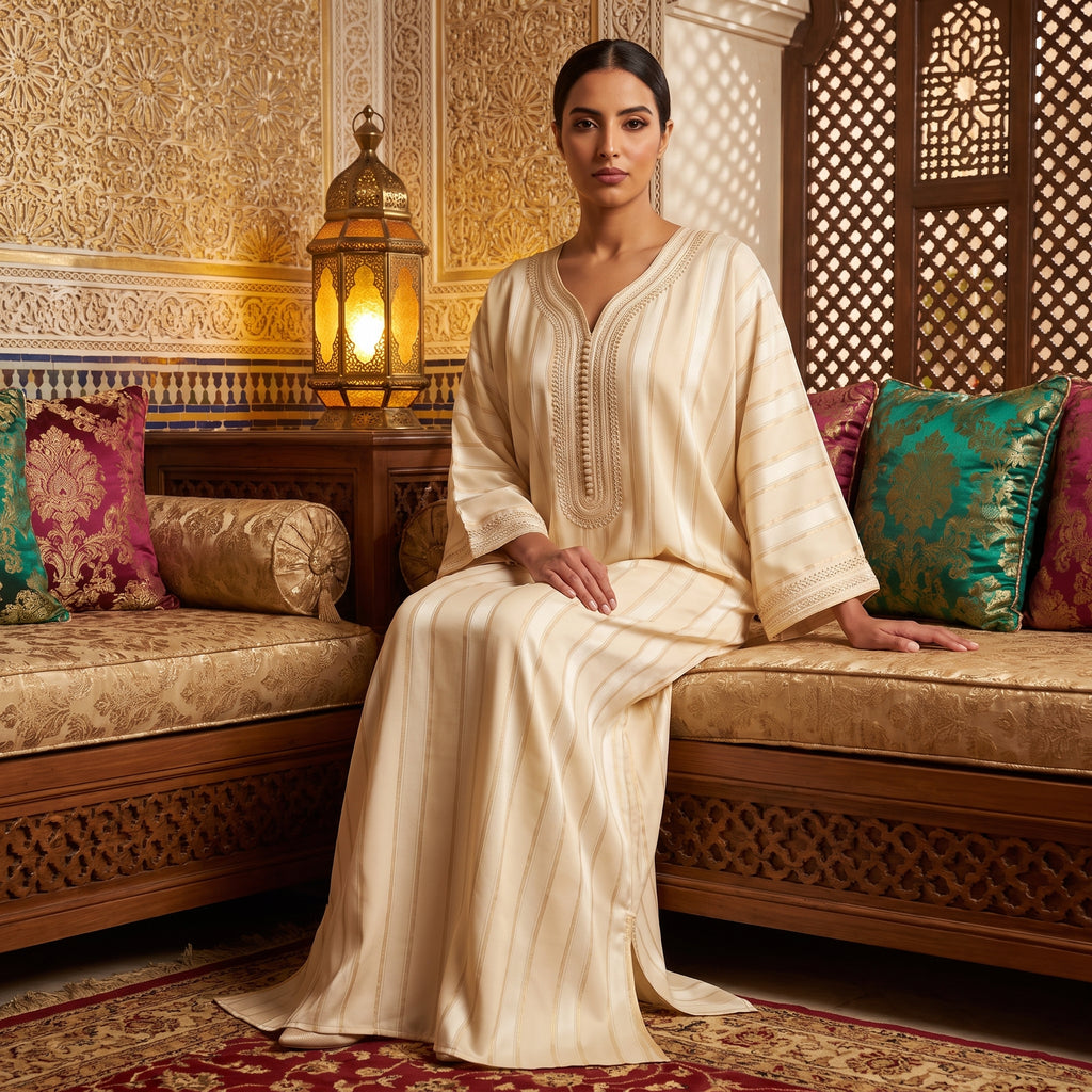 Kaftan Jawhara elfenbeinfarben mit Goldstreifen