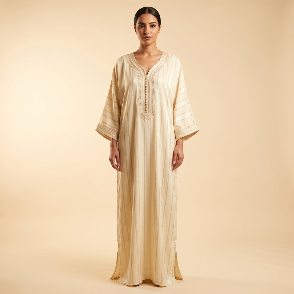Caftan Jawhara ivoire rayures dorées