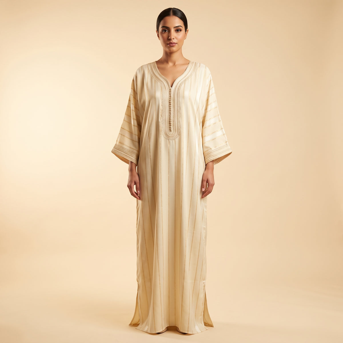 Caftan Jawhara ivoire rayures dorées