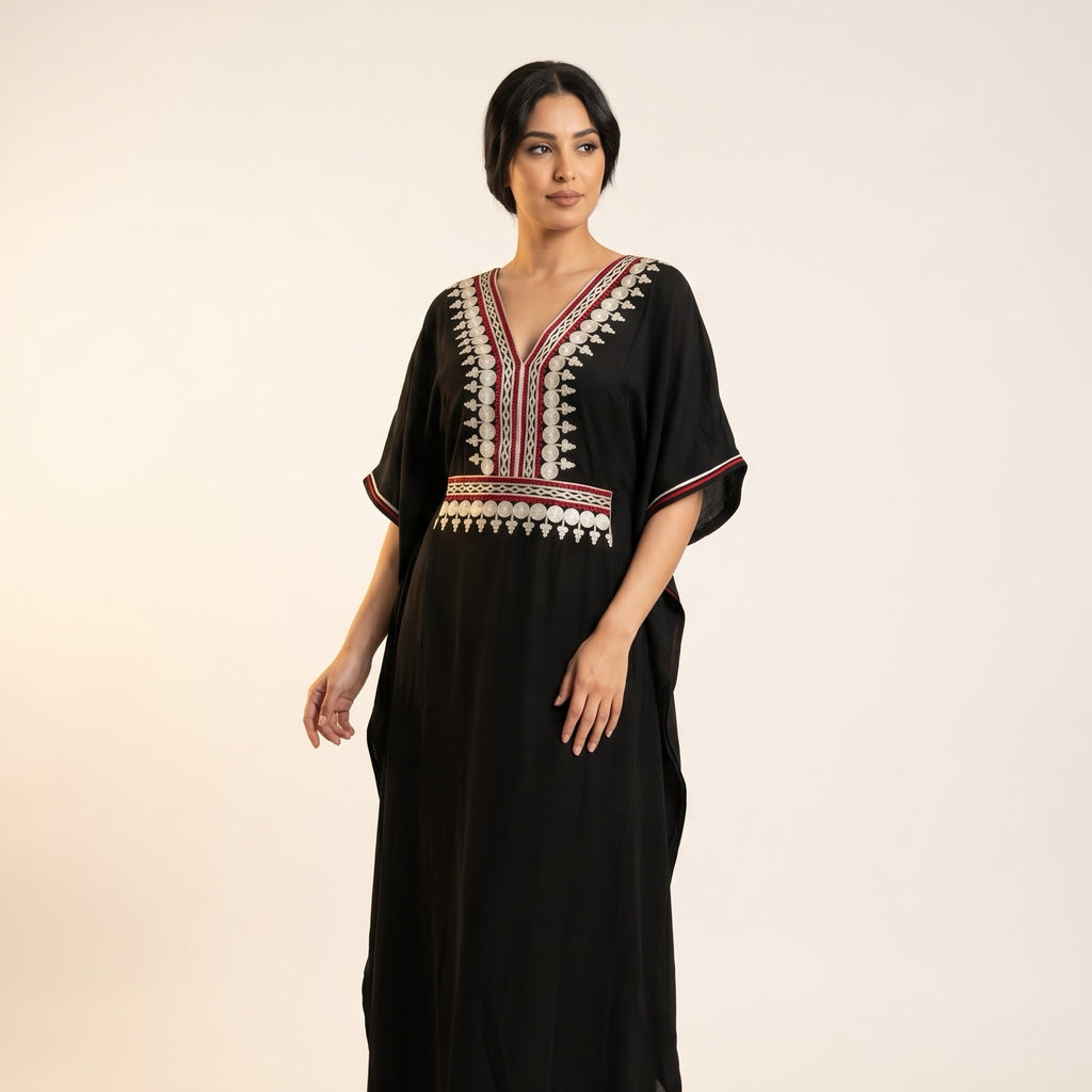 Gandoura farasha noire broderies argent et rouge