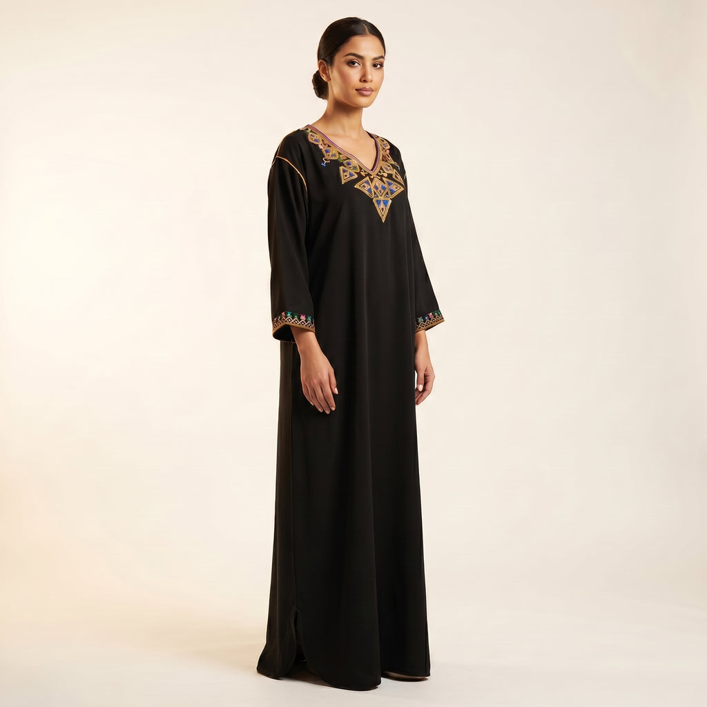 Gandoura noire broderies berbères dorées