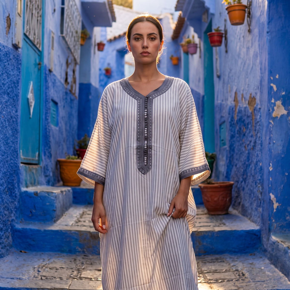 Gandoura lin rayée blanc et gris