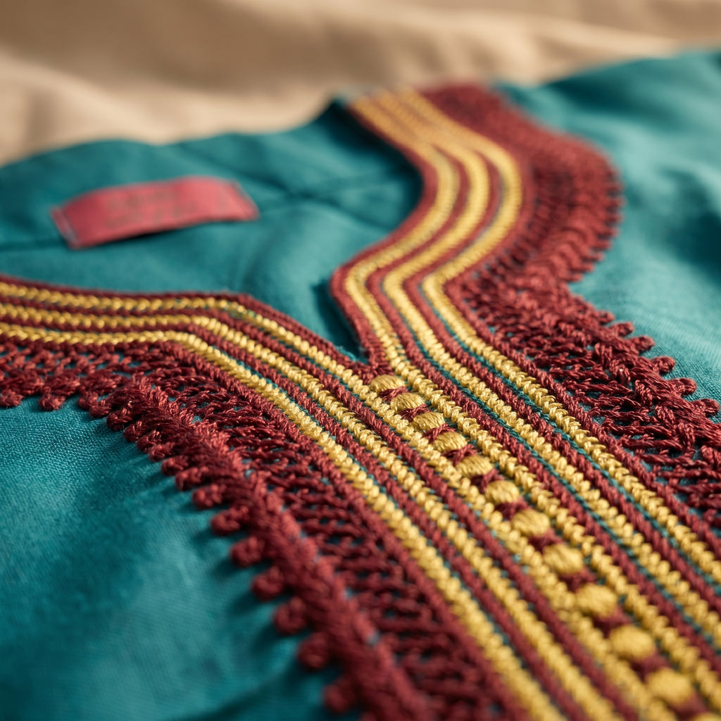 Gandoura turquoise sfifa bordeaux et jaune