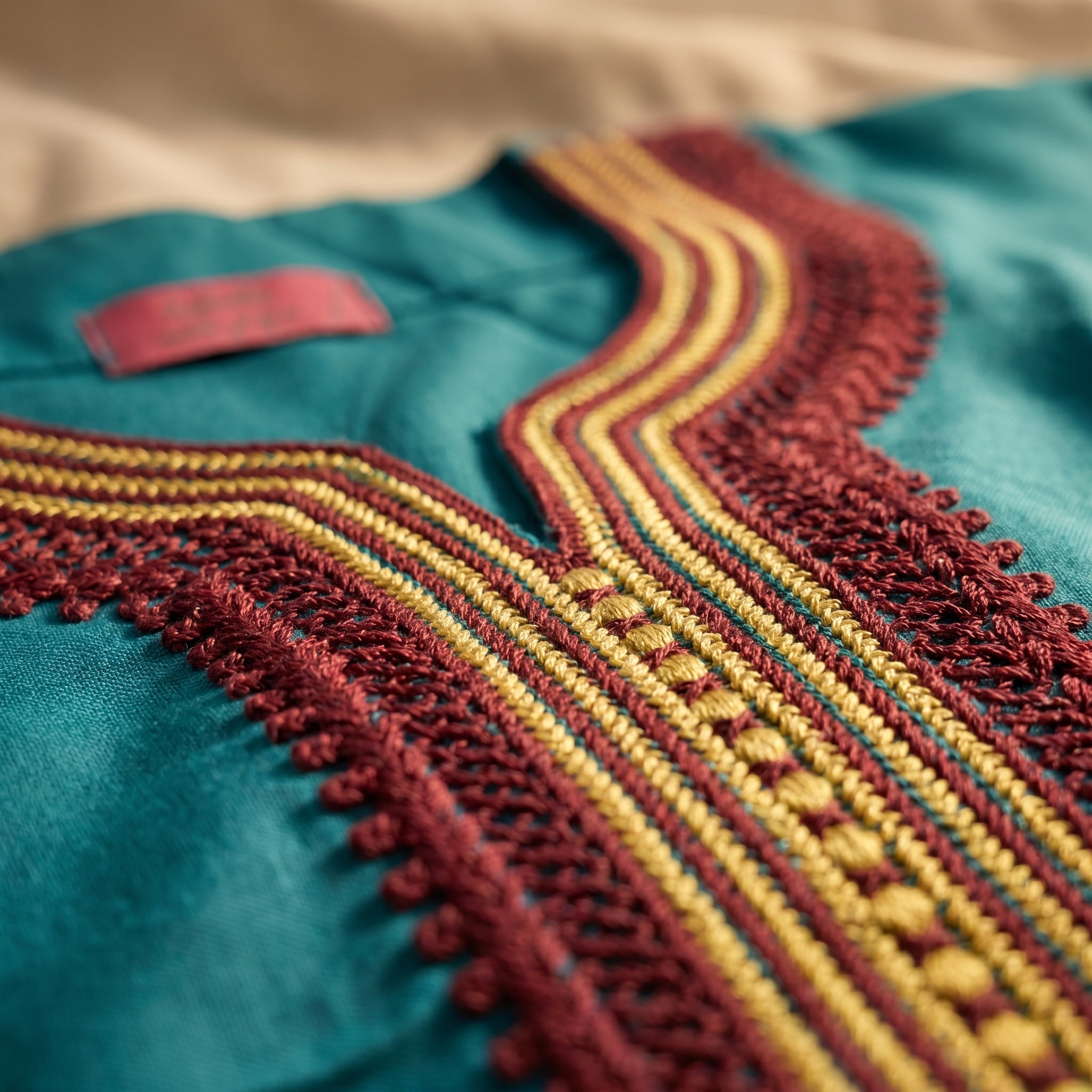 Gandoura turquoise sfifa bordeaux et jaune