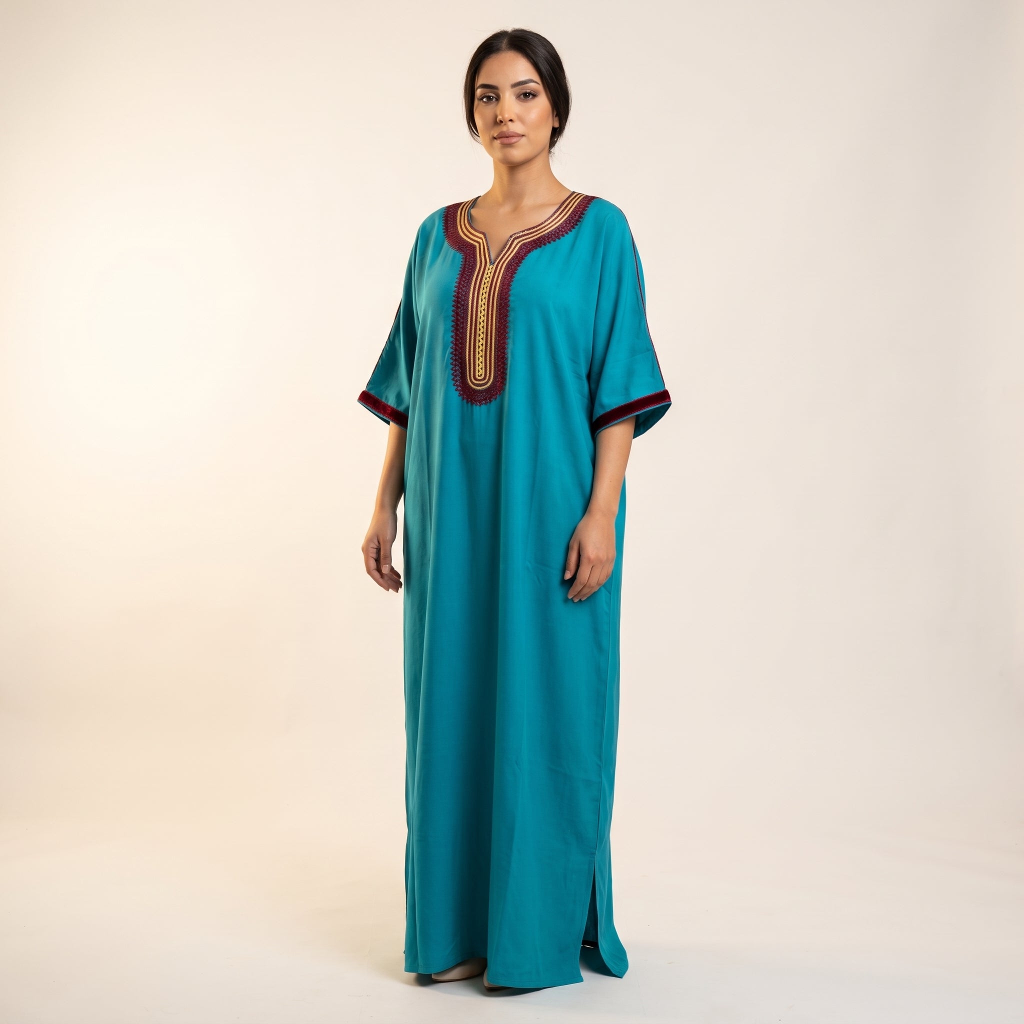 Gandoura turquoise sfifa bordeaux et jaune