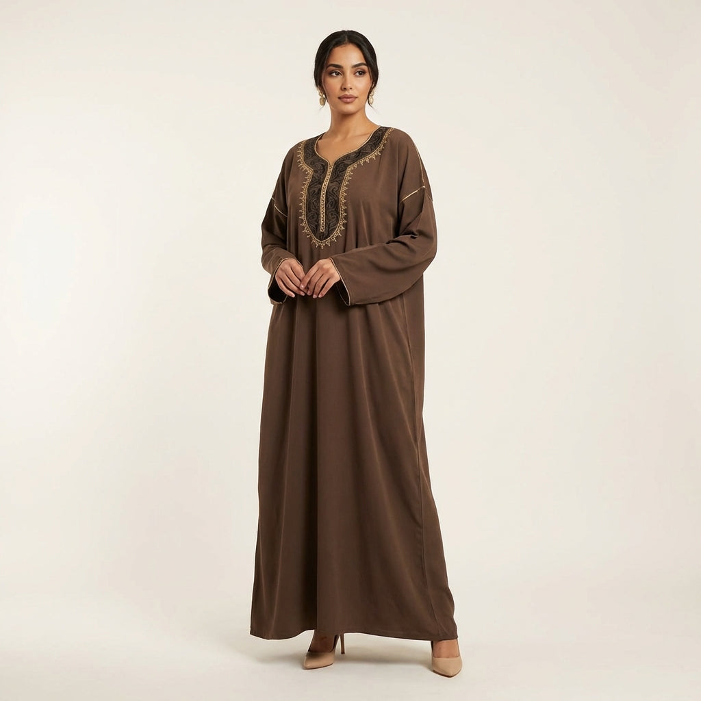 Gandoura Femme Brodée Marron Chocolat