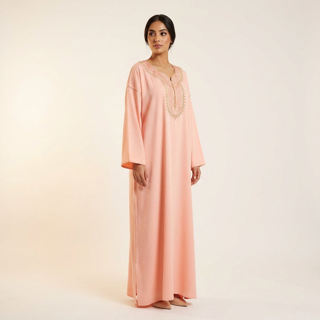 Gandoura Femme Brodée Rose Pêche