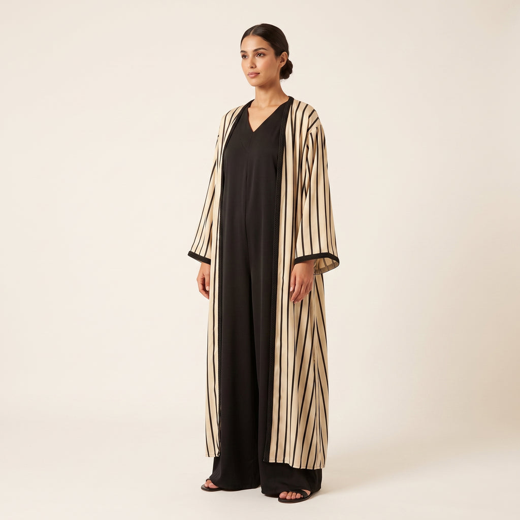Kimono rayé et salopette noire ensemble 2 pièces