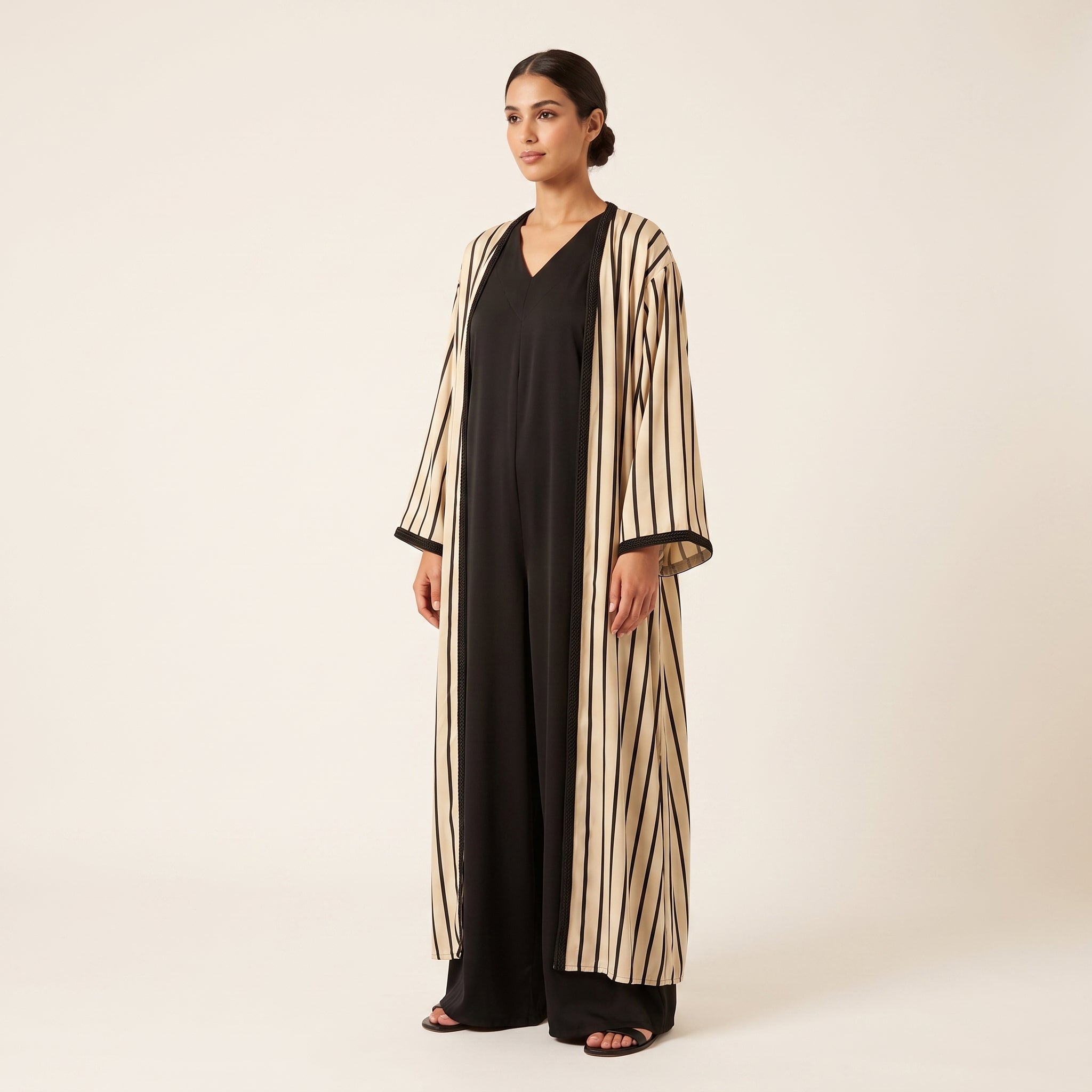 Kimono rayé et salopette noire ensemble 2 pièces