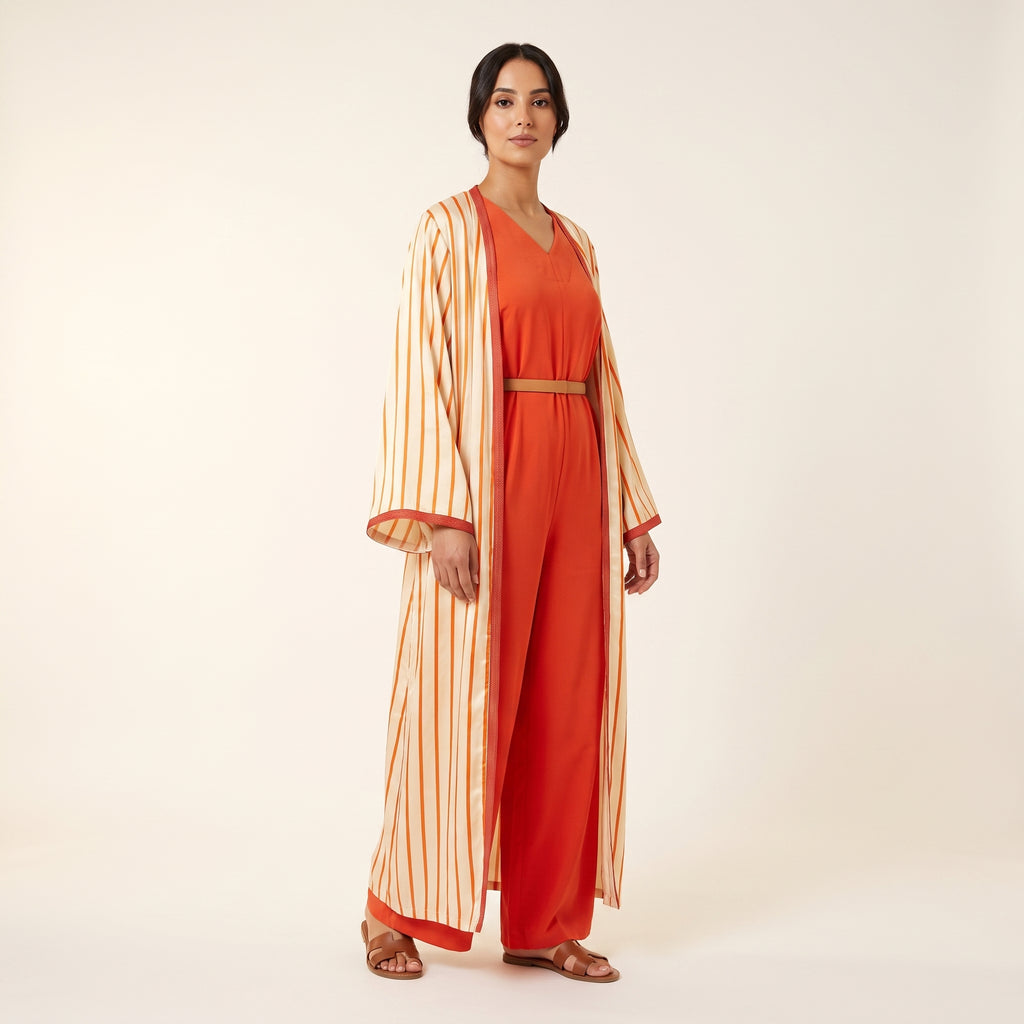 Ensemble kimono rayé et salopette orange
